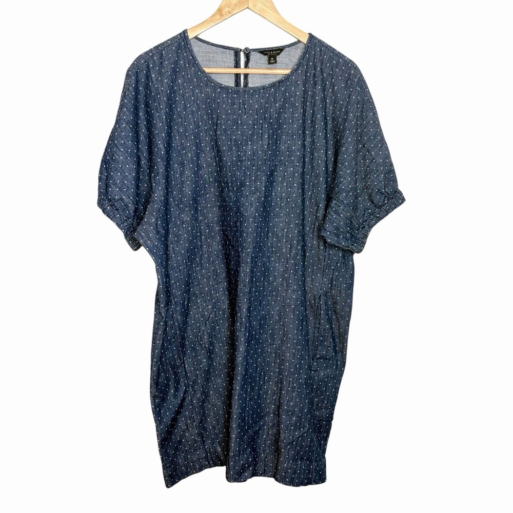 Lucky Brand Dark Denim Polka Dot Mini Dress Womens M Nautical Preppy Coastal